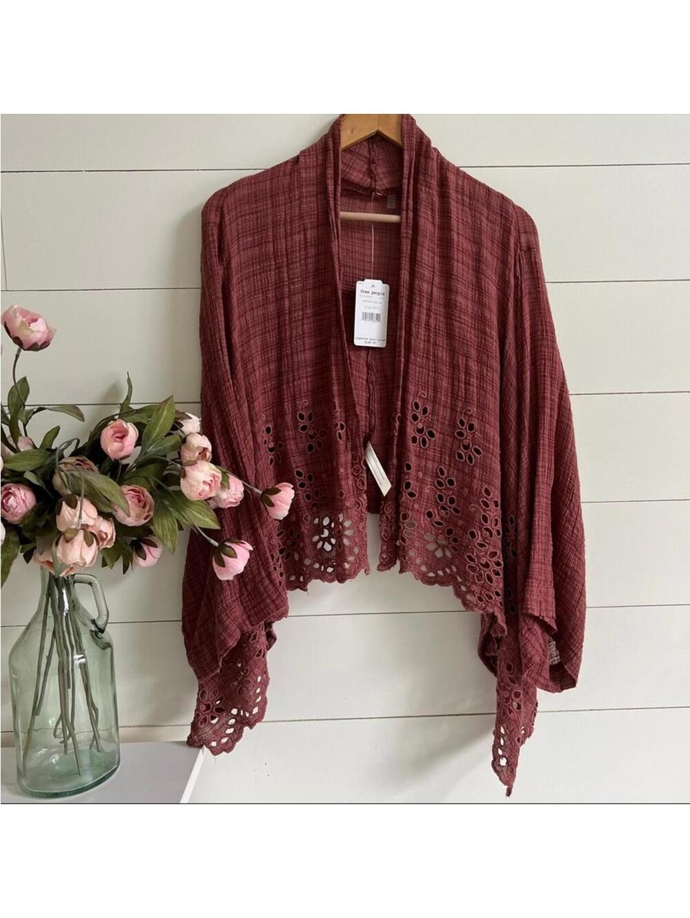 NWT Free People Amaira Kimono Women's Size XS/S Boho Mauve Beach Coquette Eyelet
